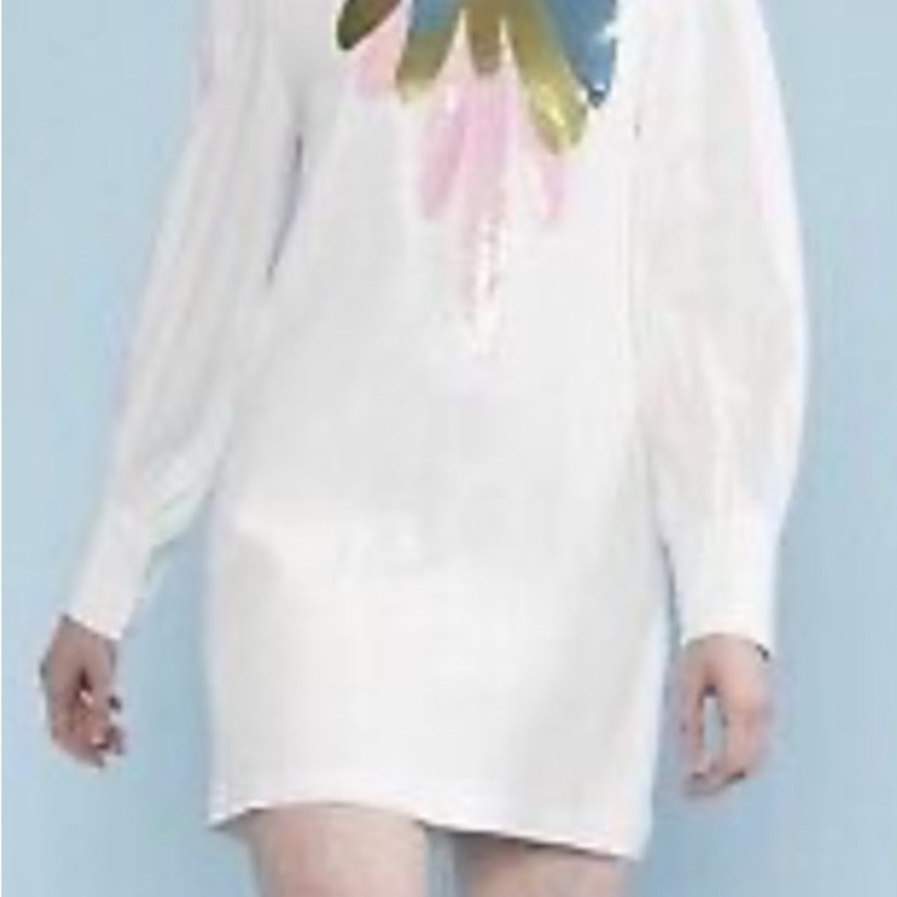 White Dress with Colorful Feather Design. NEW, no tags!